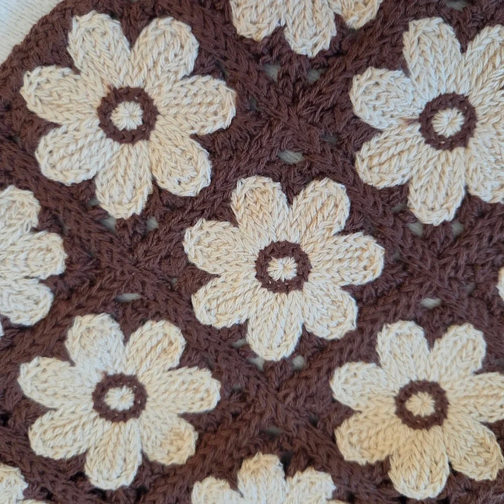 Brown Cream Crochet Floral Daisy Hair Bandana Triangle Tie Kerchief Boho Retro